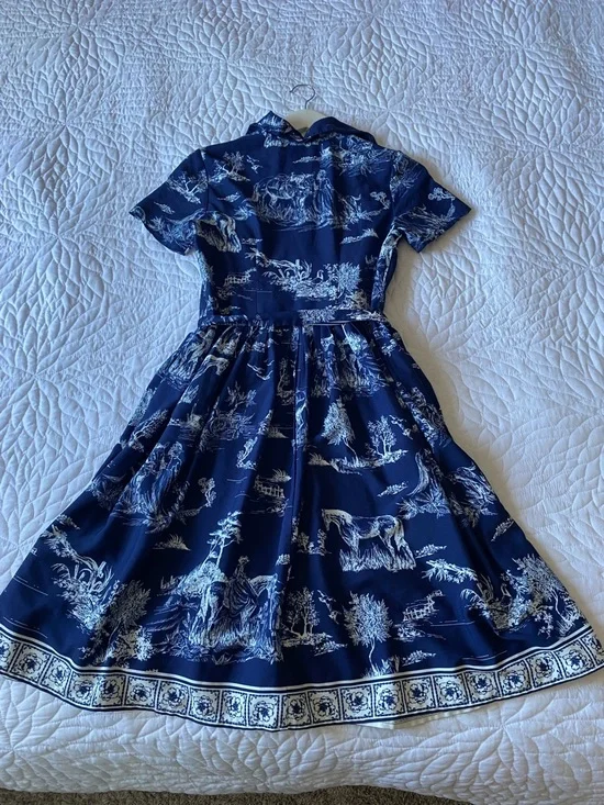 Navy Toile Print Shirt Dress Belted European Summer Style - Picture 8 of 8